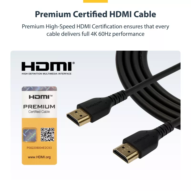 StarTech.com 0,9 m (3ft) tenký HDMI 2.0 kábel, flexibilný, Premium certifikovaný HDMI kábel s Ethernetom, UHD 4K 60Hz HDR10, robustný dizajn s aramidovým vláknom a TPE plášťom