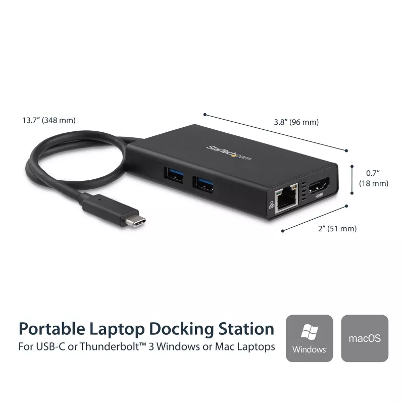 StarTech.com USB-C multiport adaptér – USB-C cestovná dokovacia stanica s 4K HDMI – 60 W Power Delivery Pass-Through, GbE, 2 porty USB-A 3.0 hub – prenosný mini USB Type-C dock pre notebooky