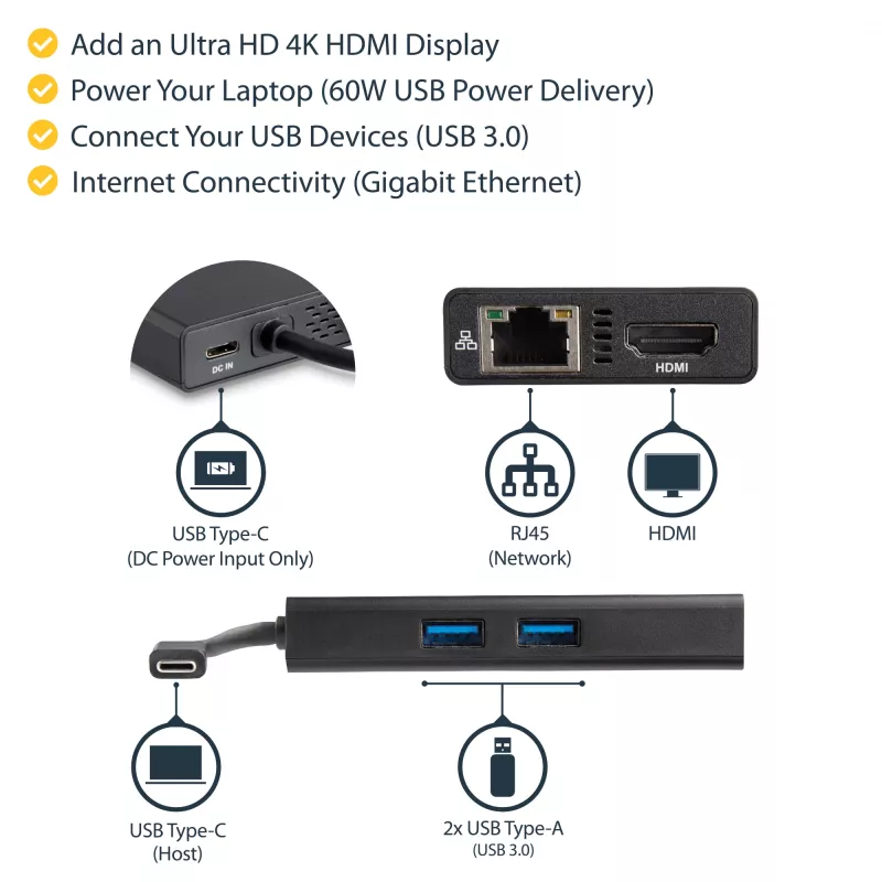 StarTech.com USB-C multiport adaptér – USB-C cestovná dokovacia stanica s 4K HDMI – 60 W Power Delivery Pass-Through, GbE, 2 porty USB-A 3.0 hub – prenosný mini USB Type-C dock pre notebooky