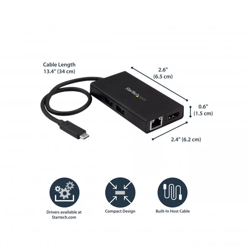 StarTech.com USB-C multiport adaptér – USB-C cestovná dokovacia stanica s 4K HDMI – 60 W Power Delivery Pass-Through, GbE, 2 porty USB-A 3.0 hub – prenosný mini USB Type-C dock pre notebooky