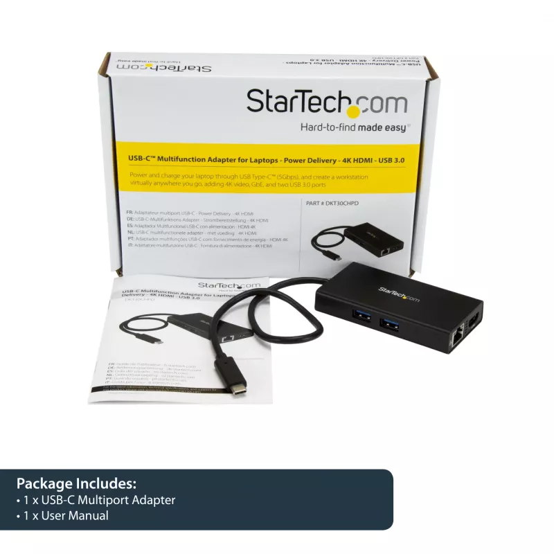 StarTech.com USB-C multiport adaptér – USB-C cestovná dokovacia stanica s 4K HDMI – 60 W Power Delivery Pass-Through, GbE, 2 porty USB-A 3.0 hub – prenosný mini USB Type-C dock pre notebooky