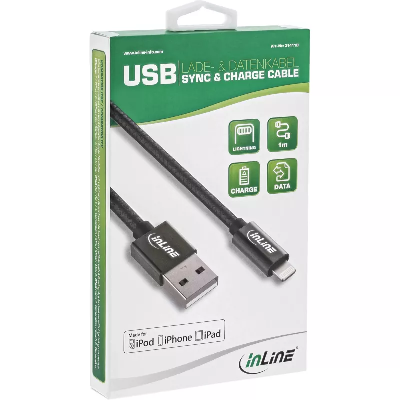 InLine Lightning USB kábel, pre iPad, iPhone, iPod, čierny/alu, 1m MFi certifikovaný