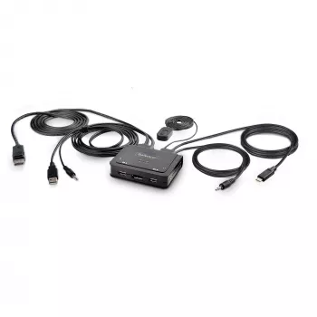StarTech.com 2-portový hybridný USB-C DisplayPort káblový KVM switch, 4K 60Hz, kompaktný KVM switch s integrovanými 1,8 m USB-A/DisplayPort/audio a 1,2 m USB-C hostiteľskými káblami, napájaný zbernicou – diaľkový ovládač/hotkey prepínanie