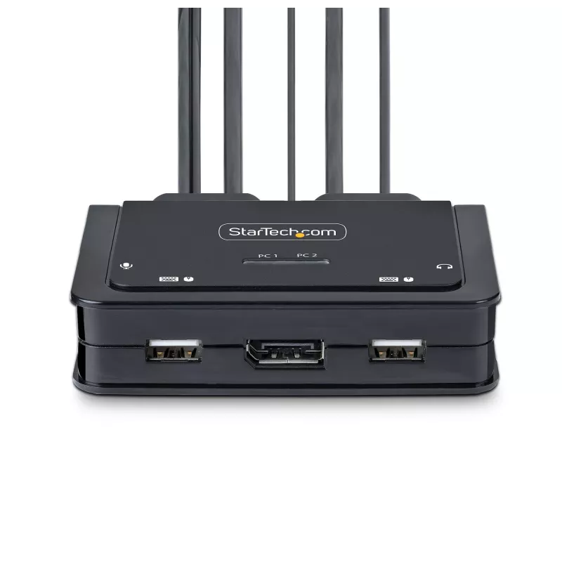 StarTech.com 2-portový hybridný USB-C DisplayPort káblový KVM switch, 4K 60Hz, kompaktný KVM switch s integrovanými 1,8 m USB-A/DisplayPort/audio a 1,2 m USB-C hostiteľskými káblami, napájaný zbernicou – diaľkový ovládač/hotkey prepínanie