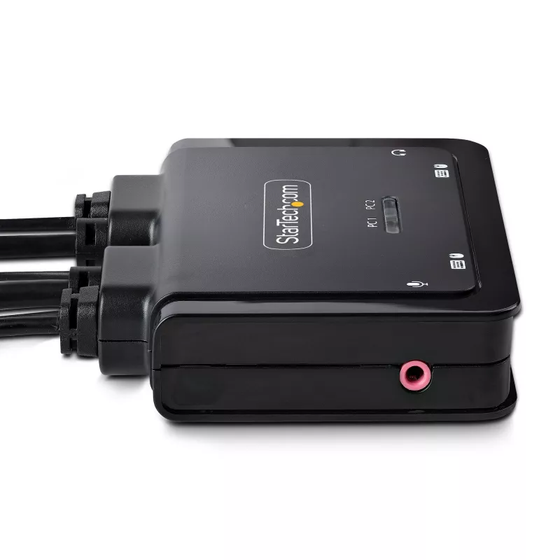StarTech.com 2-portový hybridný USB-C DisplayPort káblový KVM switch, 4K 60Hz, kompaktný KVM switch s integrovanými 1,8 m USB-A/DisplayPort/audio a 1,2 m USB-C hostiteľskými káblami, napájaný zbernicou – diaľkový ovládač/hotkey prepínanie