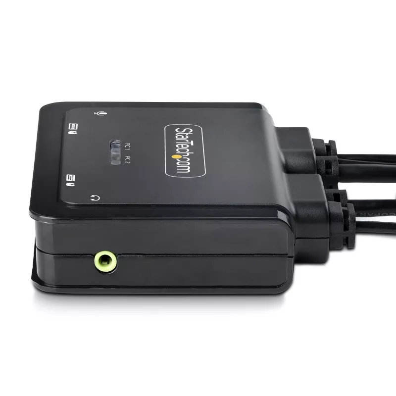 StarTech.com 2-portový hybridný USB-C DisplayPort káblový KVM switch, 4K 60Hz, kompaktný KVM switch s integrovanými 1,8 m USB-A/DisplayPort/audio a 1,2 m USB-C hostiteľskými káblami, napájaný zbernicou – diaľkový ovládač/hotkey prepínanie