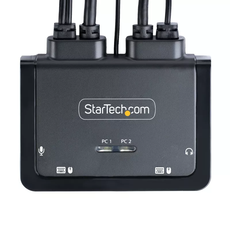 StarTech.com 2-portový hybridný USB-C DisplayPort káblový KVM switch, 4K 60Hz, kompaktný KVM switch s integrovanými 1,8 m USB-A/DisplayPort/audio a 1,2 m USB-C hostiteľskými káblami, napájaný zbernicou – diaľkový ovládač/hotkey prepínanie