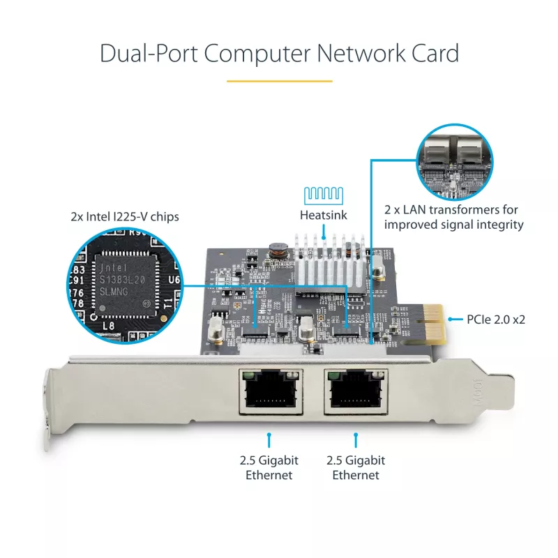 StarTech.com 2-portová 2.5Gbps NBASE-T PCIe sieťová karta, Intel I225-V, dvojportová počítačová sieťová karta, Multi-Gigabit NIC, PCI Express serverová LAN karta, desktopové Ethernet rozhranie