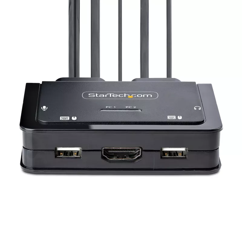 StarTech.com 2-portový hybridný USB-C HDMI káblový KVM switch, 4K 60Hz, kompaktný KVM s 6ft/1,8m USB-A/HDMI/audio a 4ft/1,2m USB-C integrovanými hostiteľskými káblami, napájaný zbernicou - diaľkový ovládač/hotkey prepínanie