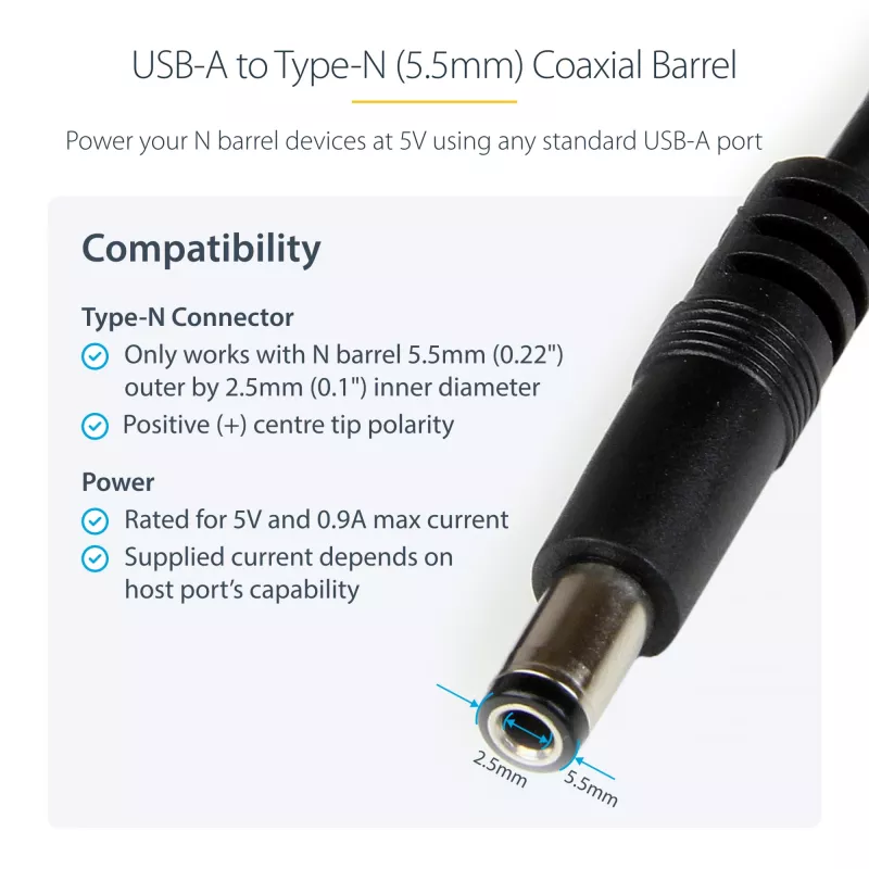 StarTech.com USB na 5,5 mm napájací kábel – typ N dutý konektor – 1 m, 1 m, USB A, dutý konektor typ N