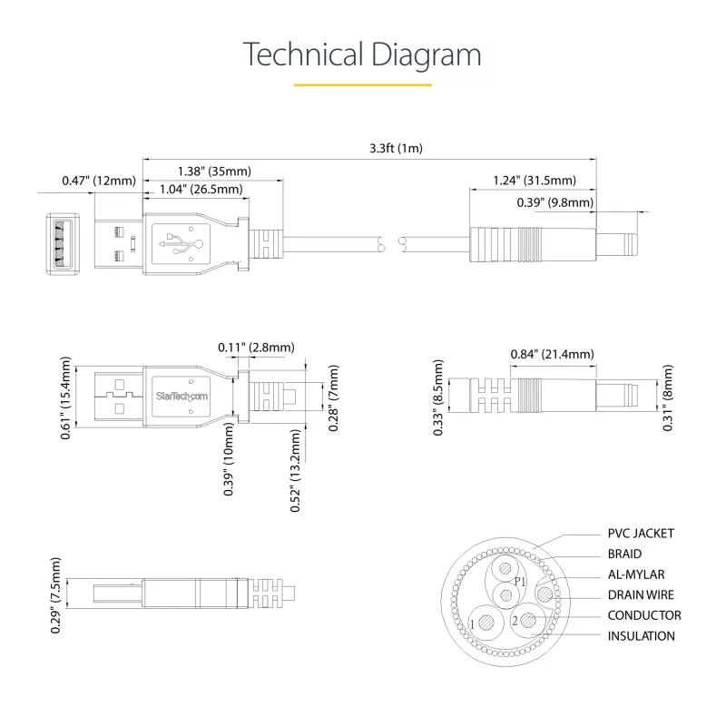 StarTech.com USB na 5,5 mm napájací kábel – typ N dutý konektor – 1 m, 1 m, USB A, dutý konektor typ N