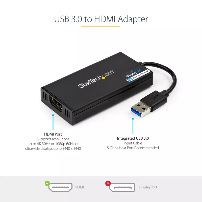 StarTech.com USB 3.0 na HDMI adaptér - 4K 30Hz Ultra HD - DisplayLink certifikovaný - USB Type-A na HDMI display adaptér konvertor pre monitor - externá video a grafická karta - Mac a Windows