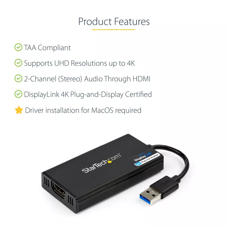 StarTech.com USB 3.0 na HDMI adaptér - 4K 30Hz Ultra HD - DisplayLink certifikovaný - USB Type-A na HDMI display adaptér konvertor pre monitor - externá video a grafická karta - Mac a Windows