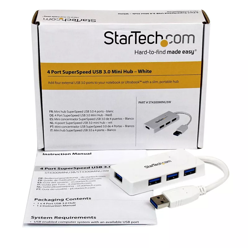 StarTech.com prenosný 4-portový SuperSpeed Mini USB 3.0 hub – biely