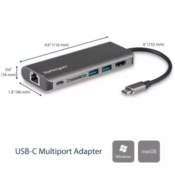 StarTech.com USB-C multiport adaptér, prenosný USB-C dock na 4K HDMI, 2x USB 3.0 hub, SD/SDHC, GbE, 60W PD pass-through – USB Type-C/Thunderbolt 3 – NAHRADENÉ DKT30CHSDPD1