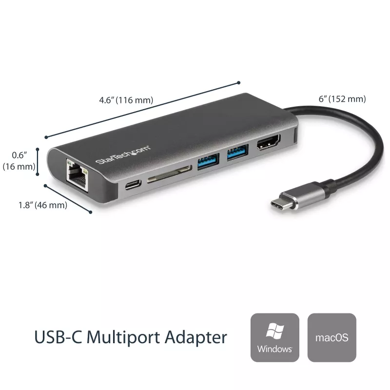 StarTech.com USB-C multiport adaptér, prenosný USB-C dock na 4K HDMI, 2x USB 3.0 hub, SD/SDHC, GbE, 60W PD pass-through – USB Type-C/Thunderbolt 3 – NAHRADENÉ DKT30CHSDPD1