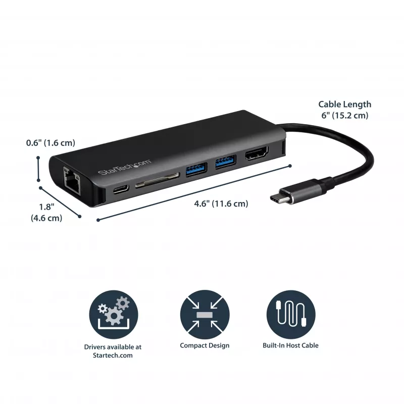StarTech.com USB-C multiport adaptér, prenosný USB-C dock na 4K HDMI, 2x USB 3.0 hub, SD/SDHC, GbE, 60W PD pass-through – USB Type-C/Thunderbolt 3 – NAHRADENÉ DKT30CHSDPD1
