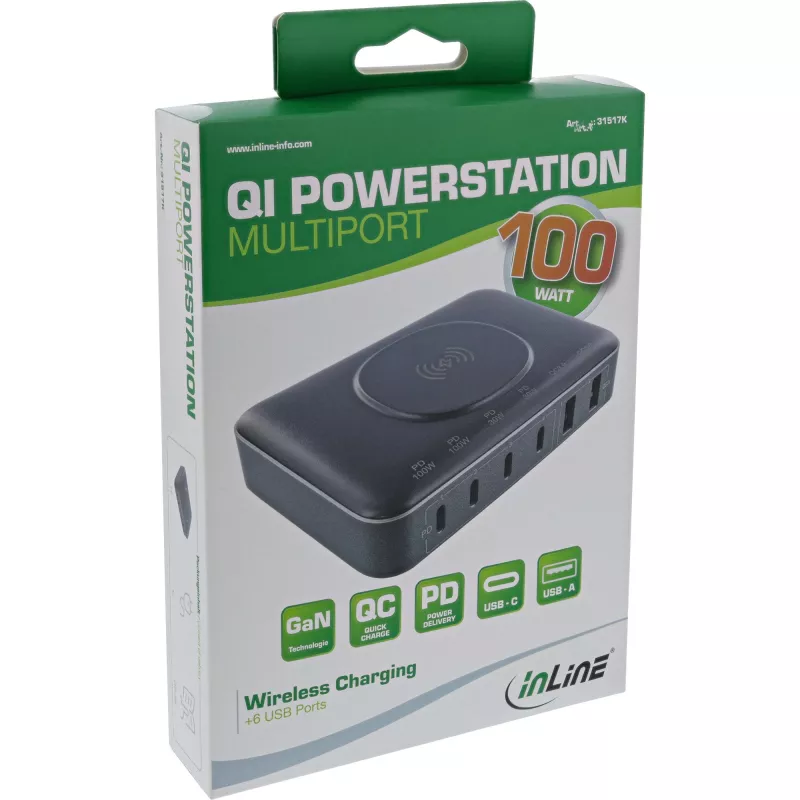 InLine Qi Powerstation Multiport nabíjačka, 4x USB-C + 2x USB-A, GaN 100 W, bezdrôtové nabíjanie 15 W, čierna (31517K)