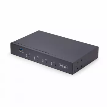 StarTech.com 4-portový KM switch s prepínaním myši, USB switch pre klávesnicu/myš, 3,5mm/USB audio, zdieľanie periférií pre 4 počítače, TAA-kompatibilný