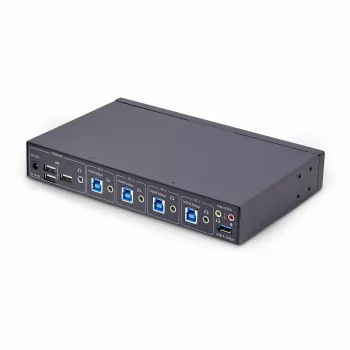 StarTech.com 4-portový KM switch s prepínaním myši, USB switch pre klávesnicu/myš, 3,5mm/USB audio, zdieľanie periférií pre 4 počítače, TAA-kompatibilný