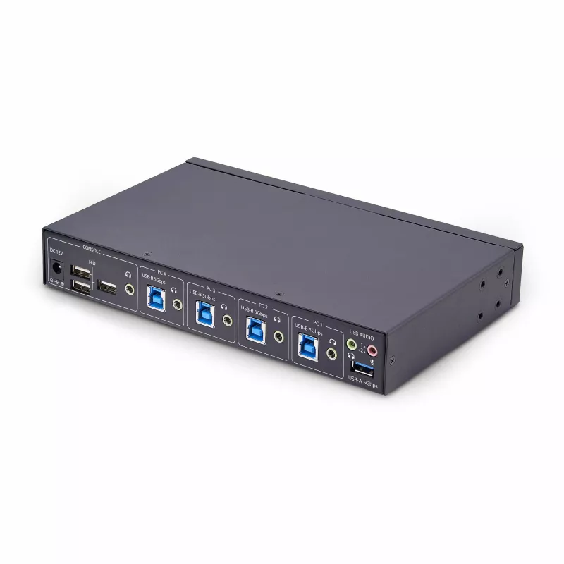 StarTech.com 4-portový KM switch s prepínaním myši, USB switch pre klávesnicu/myš, 3,5mm/USB audio, zdieľanie periférií pre 4 počítače, TAA-kompatibilný