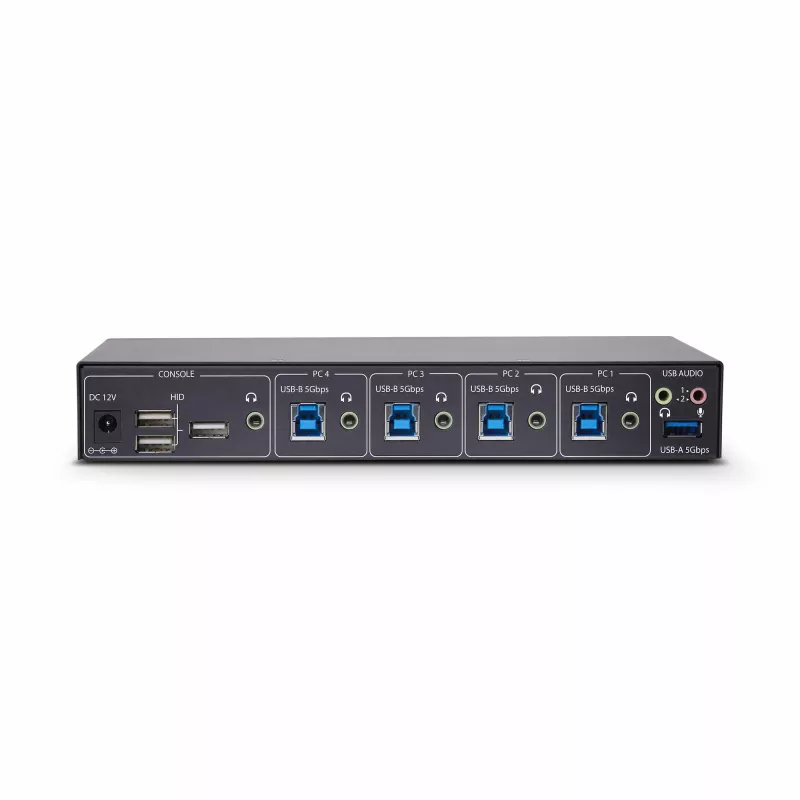 StarTech.com 4-portový KM switch s prepínaním myši, USB switch pre klávesnicu/myš, 3,5mm/USB audio, zdieľanie periférií pre 4 počítače, TAA-kompatibilný