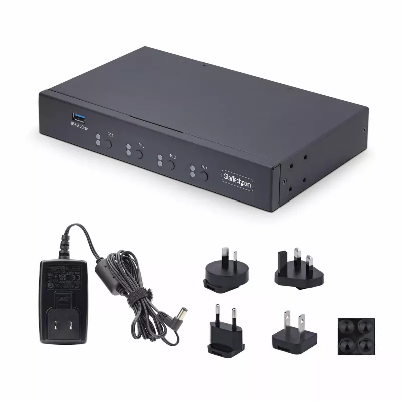 StarTech.com 4-portový KM switch s prepínaním myši, USB switch pre klávesnicu/myš, 3,5mm/USB audio, zdieľanie periférií pre 4 počítače, TAA-kompatibilný
