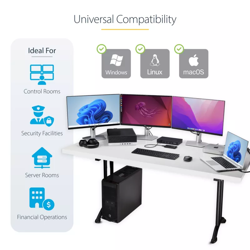 StarTech.com 4-portový KM switch s prepínaním myši, USB switch pre klávesnicu/myš, 3,5mm/USB audio, zdieľanie periférií pre 4 počítače, TAA-kompatibilný