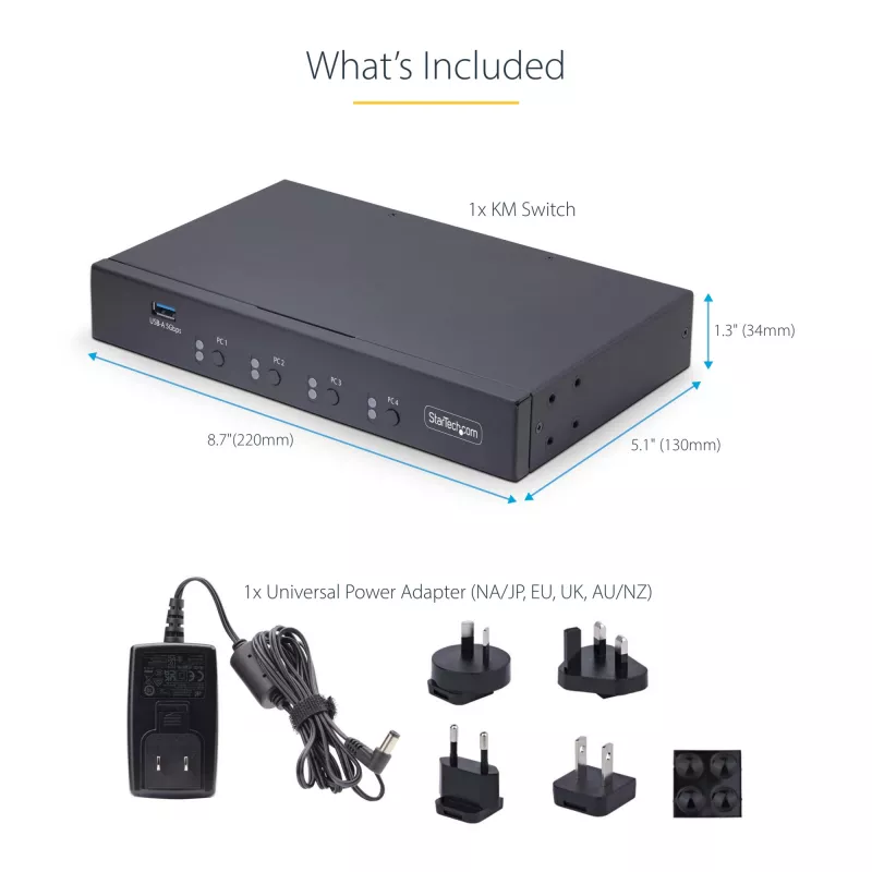 StarTech.com 4-portový KM switch s prepínaním myši, USB switch pre klávesnicu/myš, 3,5mm/USB audio, zdieľanie periférií pre 4 počítače, TAA-kompatibilný