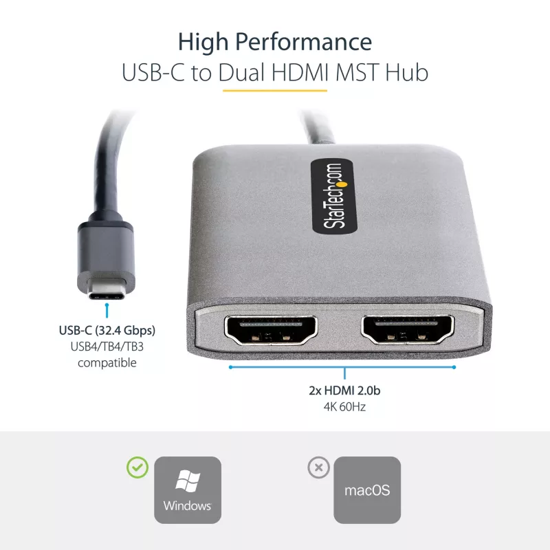 StarTech.com USB-C na Dual HDMI MST HUB - Dual HDMI 4K 60Hz - USB Type-C multi-monitor adaptér pre notebook s 30cm káblom - DP 1.4 Multi-Stream Transport hub - USB-C na HDMI splitter