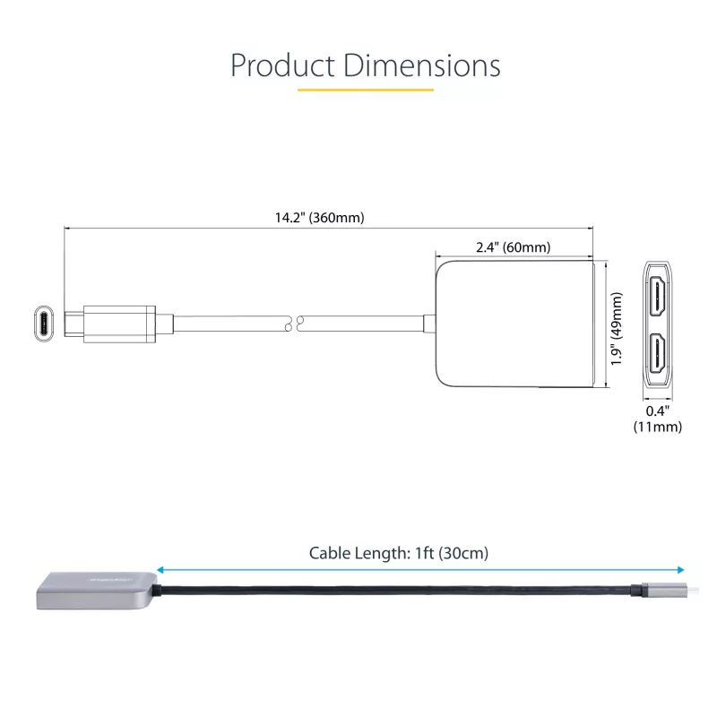 StarTech.com USB-C na Dual HDMI MST HUB - Dual HDMI 4K 60Hz - USB Type-C multi-monitor adaptér pre notebook s 30cm káblom - DP 1.4 Multi-Stream Transport hub - USB-C na HDMI splitter