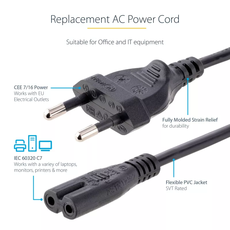 StarTech.com 1m (3ft) napájací kábel pre notebook, EU konektor na C7, 2,5A 250V, 18AWG, náhradný kábel pre notebook, napájací kábel pre tlačiareň, nabíjací kábel pre notebook, napájací kábel pre notebook – UL certifikovaný