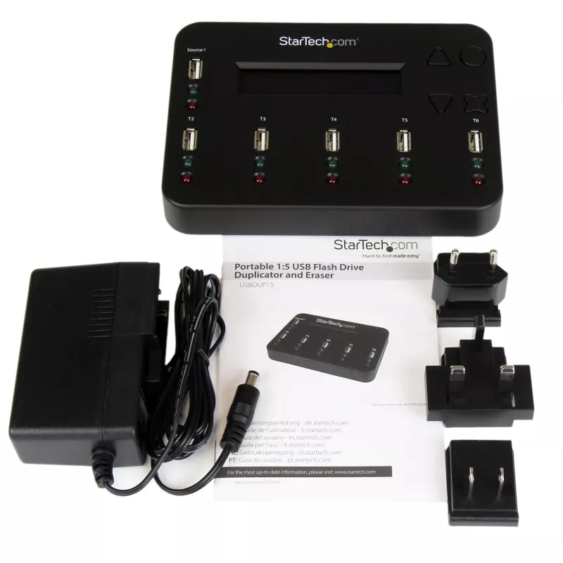 StarTech.com samostatný 1-na-5 USB flash duplikátor a vymazávač, multi-USB flash kopírovač, systémová a súborová ako aj celodisková kópia s 1,5 GB/min, jednotlivé a 3-pass vymazanie, LCD displej – TAA