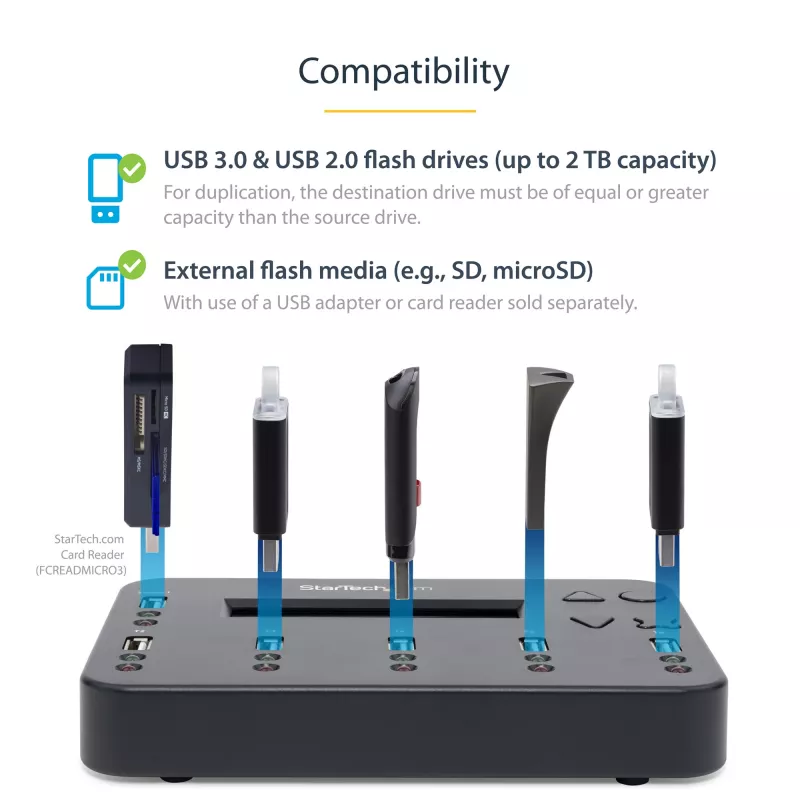 StarTech.com samostatný 1-na-5 USB flash duplikátor a vymazávač, multi-USB flash kopírovač, systémová a súborová ako aj celodisková kópia s 1,5 GB/min, jednotlivé a 3-pass vymazanie, LCD displej – TAA