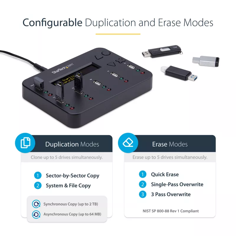 StarTech.com samostatný 1-na-5 USB flash duplikátor a vymazávač, multi-USB flash kopírovač, systémová a súborová ako aj celodisková kópia s 1,5 GB/min, jednotlivé a 3-pass vymazanie, LCD displej – TAA