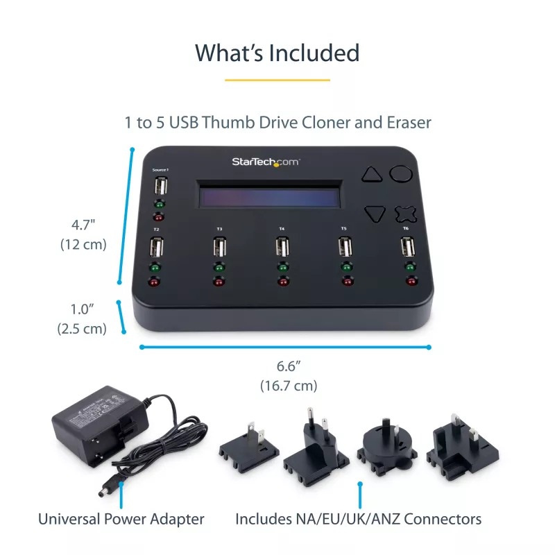 StarTech.com samostatný 1-na-5 USB flash duplikátor a vymazávač, multi-USB flash kopírovač, systémová a súborová ako aj celodisková kópia s 1,5 GB/min, jednotlivé a 3-pass vymazanie, LCD displej – TAA