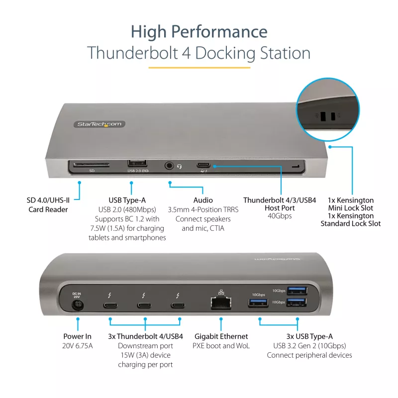 StarTech.com Thunderbolt 4 dock, 96W Power Delivery, single 8K/dual monitor 4K 60Hz, 3xTB4/USB4 konektory, 4xUSB-A, SD, GbE, Thunderbolt 4 dokovacia stanica pre Windows alebo TB3 MacBook, 0,8m kábel