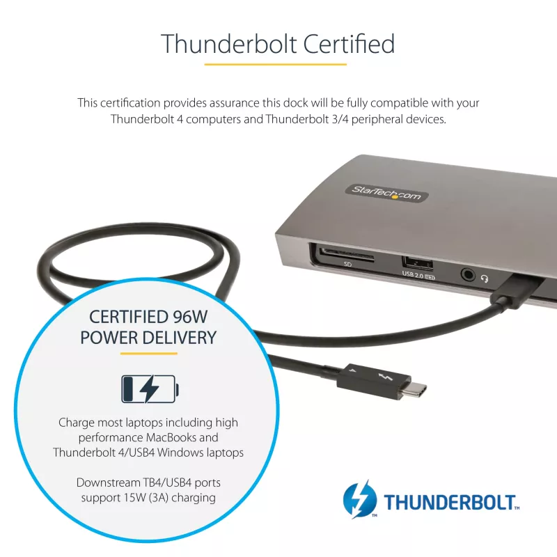 StarTech.com Thunderbolt 4 dock, 96W Power Delivery, single 8K/dual monitor 4K 60Hz, 3xTB4/USB4 konektory, 4xUSB-A, SD, GbE, Thunderbolt 4 dokovacia stanica pre Windows alebo TB3 MacBook, 0,8m kábel