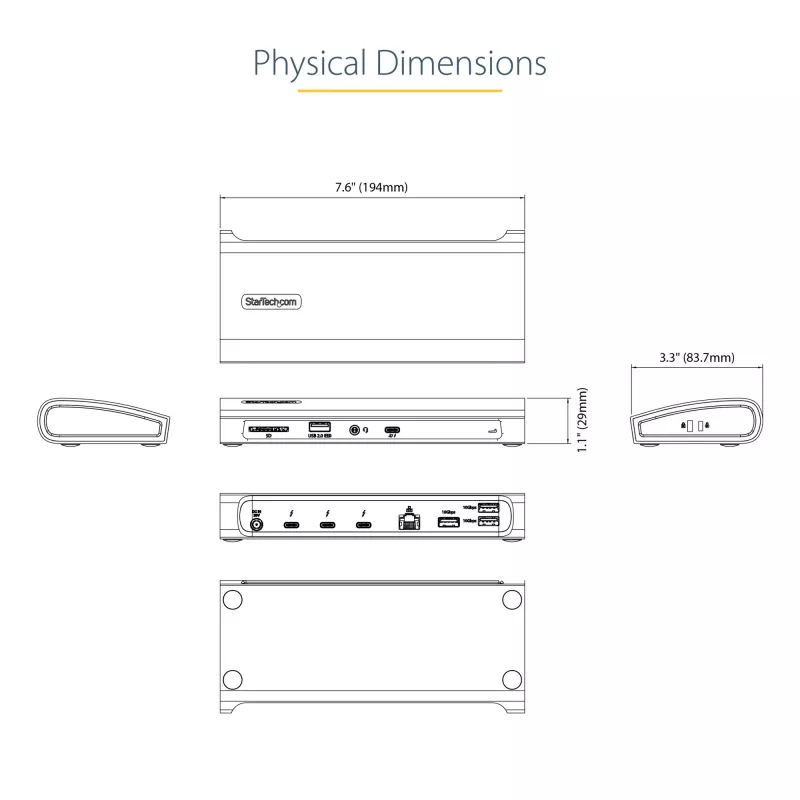StarTech.com Thunderbolt 4 dock, 96W Power Delivery, single 8K/dual monitor 4K 60Hz, 3xTB4/USB4 konektory, 4xUSB-A, SD, GbE, Thunderbolt 4 dokovacia stanica pre Windows alebo TB3 MacBook, 0,8m kábel