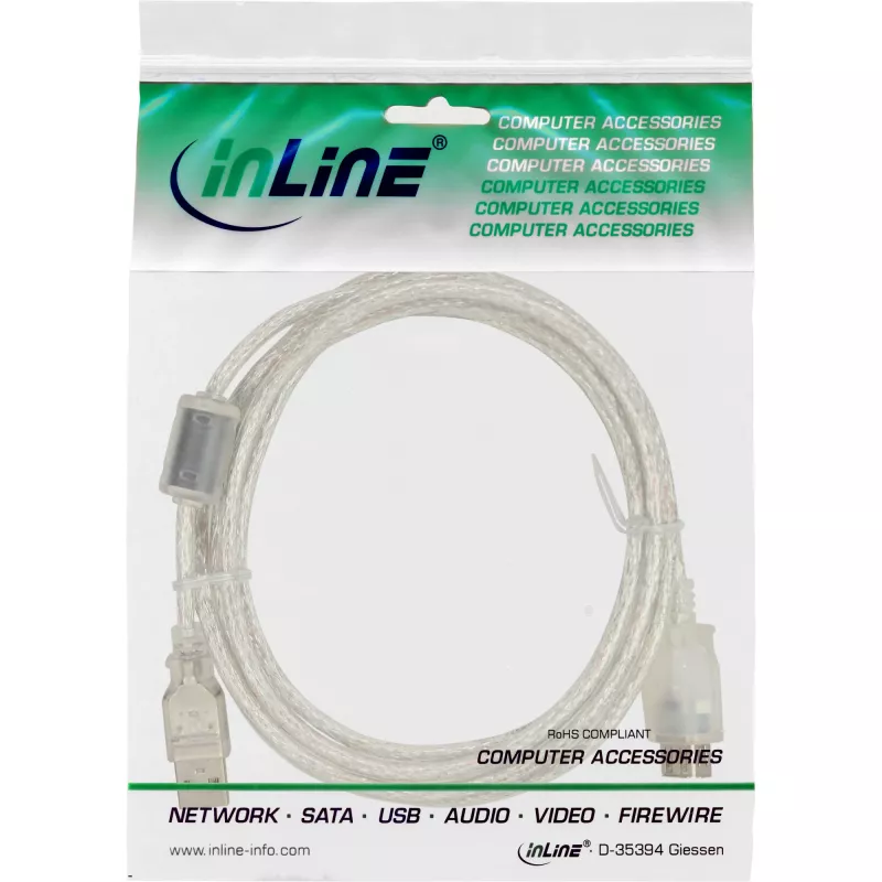InLine USB 2.0 predlžovací kábel Type-A M/F, transparentný, s feritom, 2 m