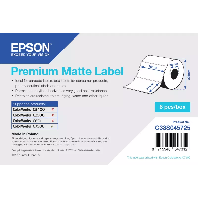 Epson Premium Matte Label - vysekávaná rolka: 76 mm x 51 mm, 2310 etikiet