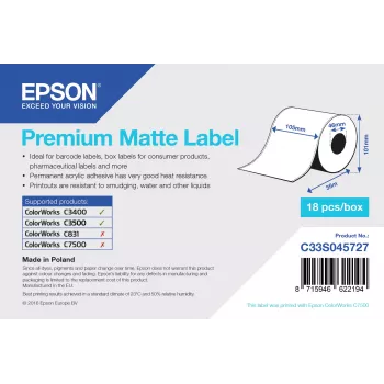 Epson Premium Matt etiketa - nekonečná rolka: 105 mm x 35 m, biela, samolepiaca tlačová etiketa, nekonečná etiketa, akryl, permanentná, matná