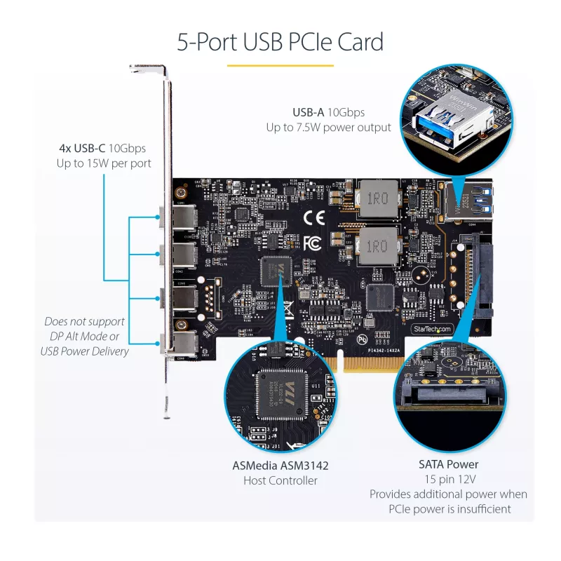 StarTech.com 5-portová USB PCIe karta, USB 3.2 10 Gbit/s, PCI Express karta so 4x USB-C portami, 1x interný USB-A port, USB PCIe radič karta, Windows/macOS/Linux