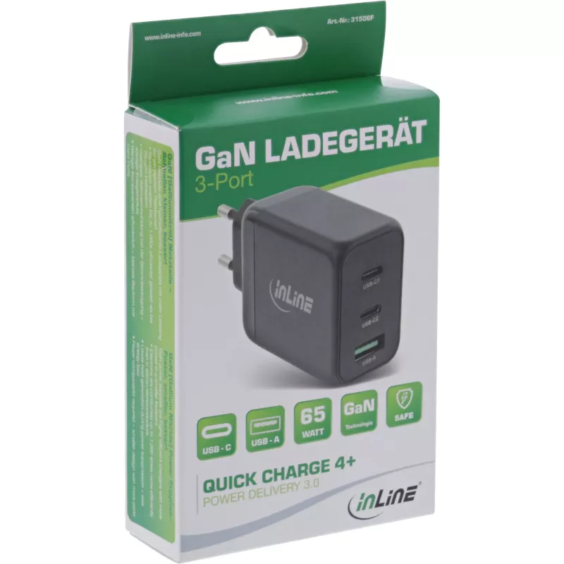 InLine USB PD napájací zdroj, GaN nabíjačka, 3-portová, Dual USB-C + USB-A, 65W