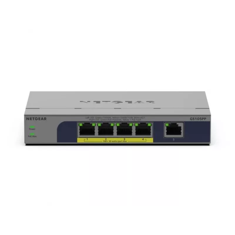 NETGEAR GS105PP nemanaged Gigabit Ethernet (10/100/1000) Power over Ethernet (PoE) stolová/nástenná montáž sivá