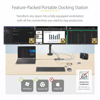 StarTech.com USB-C trojmonitorový multiport adaptér, duálny 4K 60 Hz + 4K 30 Hz HDMI & DisplayPort, 4-portový USB hub, 100 W PD Pass-Through, GbE, SD/MicroSD čítačka kariet