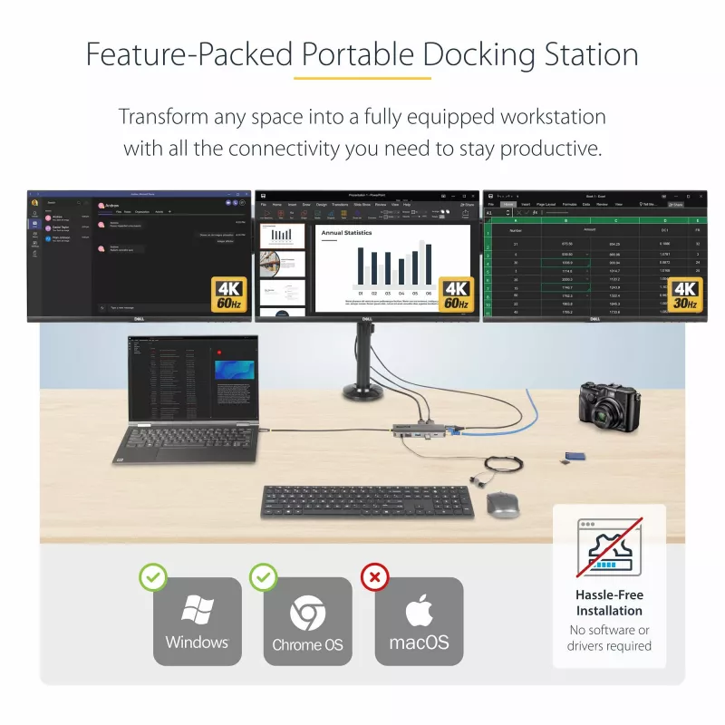 StarTech.com USB-C trojmonitorový multiport adaptér, duálny 4K 60 Hz + 4K 30 Hz HDMI & DisplayPort, 4-portový USB hub, 100 W PD Pass-Through, GbE, SD/MicroSD čítačka kariet
