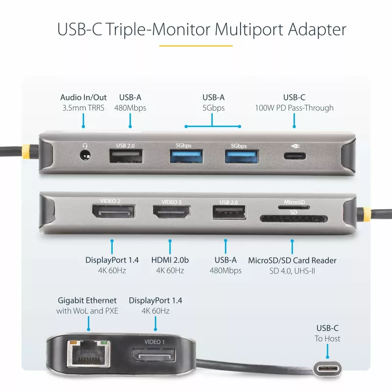 StarTech.com USB-C trojmonitorový multiport adaptér, duálny 4K 60 Hz + 4K 30 Hz HDMI & DisplayPort, 4-portový USB hub, 100 W PD Pass-Through, GbE, SD/MicroSD čítačka kariet