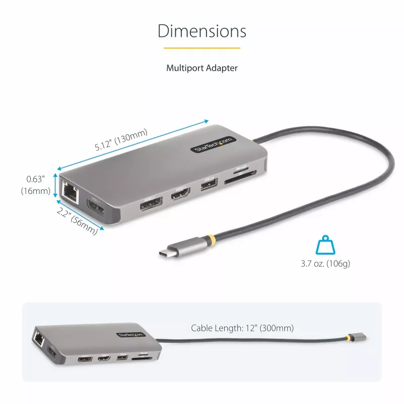 StarTech.com USB-C trojmonitorový multiport adaptér, duálny 4K 60 Hz + 4K 30 Hz HDMI & DisplayPort, 4-portový USB hub, 100 W PD Pass-Through, GbE, SD/MicroSD čítačka kariet