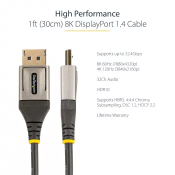 StarTech.com 1ft (30cm) DisplayPort 1.4 kábel - 8K 60Hz HDR10 - Ultra HD 4K 120Hz video - DP 1.4 kábel - pre monitory/displeje - DisplayPort na DisplayPort kábel - M/M